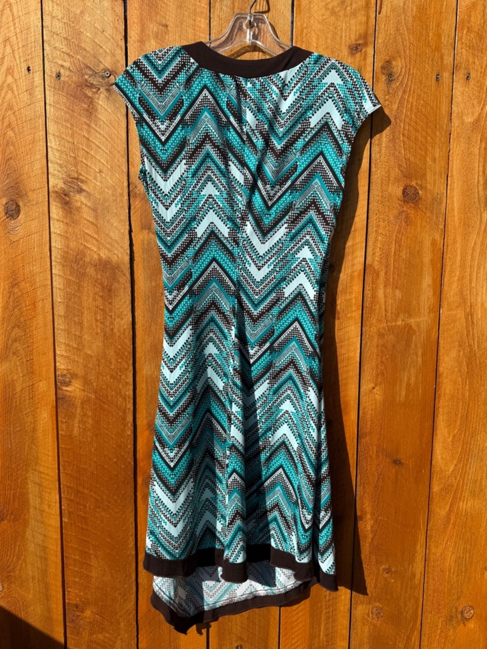 La Belle Turquoise Chevron Faux Wrap Asymmetrical Dress with Brown Trim - Large - Picture 7 of 13